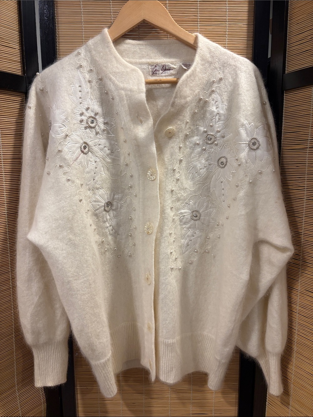 Ivory Angora Embroidered Button-Front Vintage Cardigan